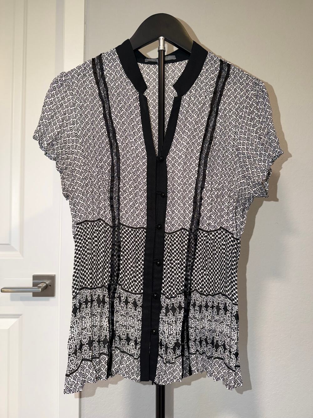 NY Collection Black White Mixed Print Lace Trim Blouse Women’s Medium Y2K